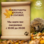 Внимание! С 1 сентября зоопарк работает с 10.00 до 20.00
